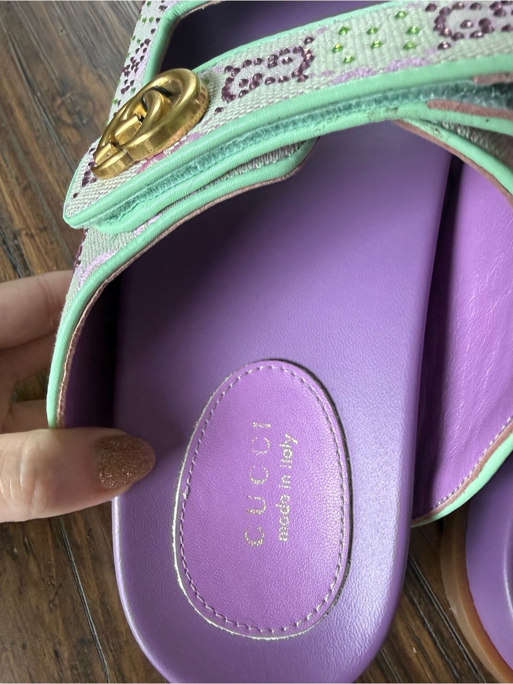 Gucci Moritz Slide GG Crystal Canvas Slide Sandals EU40 Purple Green - Picture 5 of 10